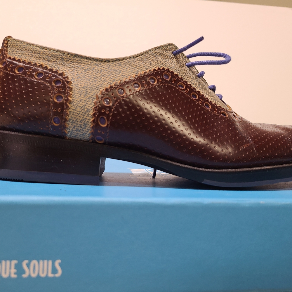 John Fluevog Blue and Brown Oxfords Twin Turbine